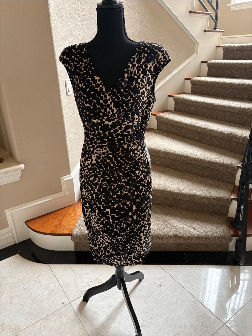 Lauren Ralph Lauren Black and Cream Printed Cap-Sleeve Wrap Dress